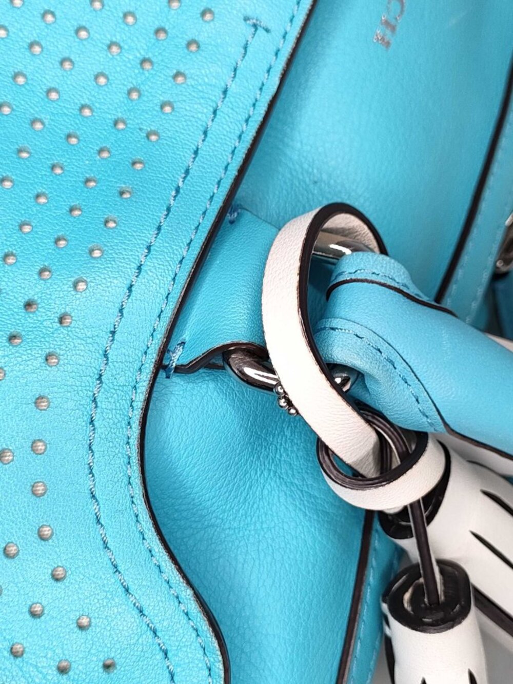 Coach Turquoise Leather Satchel Perforated Tassel Boston Bag Top Handle - Picture 8 of 14